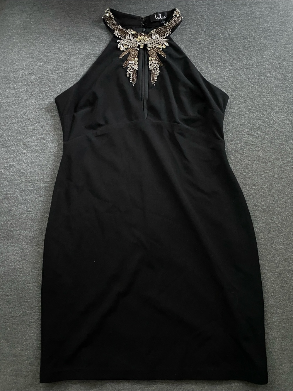 Lulu's Black Halter Mini Dress with Beaded Neckline